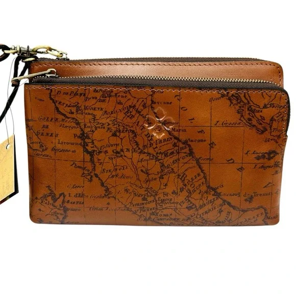 Patricia Nash Varone Fullgrain Leather Wristlet Signature Map Print Brown Clutch - Picture 2 of 15